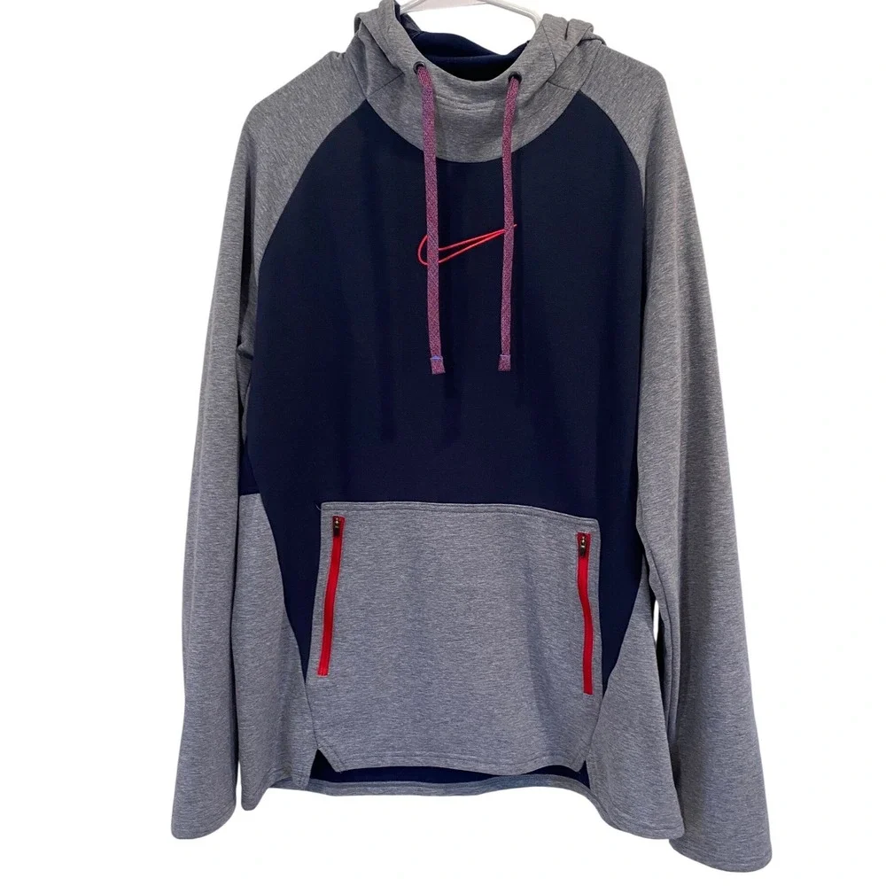 Nike Mens Hoodie Therma-FIT Colorblock Navy Grey Fleece Lined‎ DD2112-451 Large